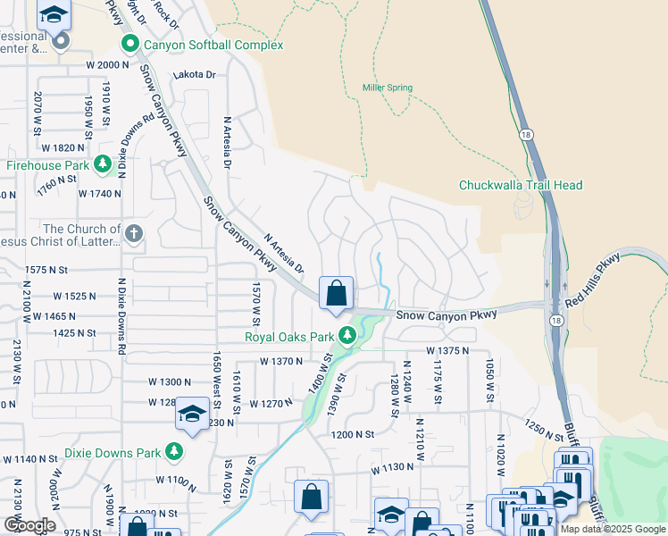 map of restaurants, bars, coffee shops, grocery stores, and more near 1609 North Great Basin Drive in St. George