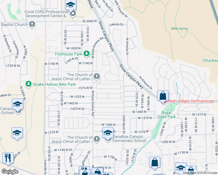 map of restaurants, bars, coffee shops, grocery stores, and more near 1574 North Dixie Downs Road in St. George