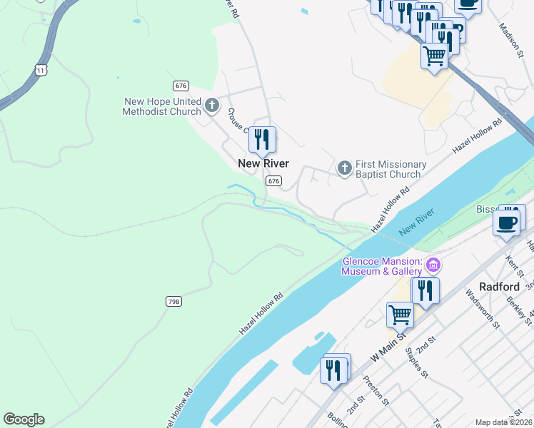 map of restaurants, bars, coffee shops, grocery stores, and more near 7273 Falling Branch Road in Radford