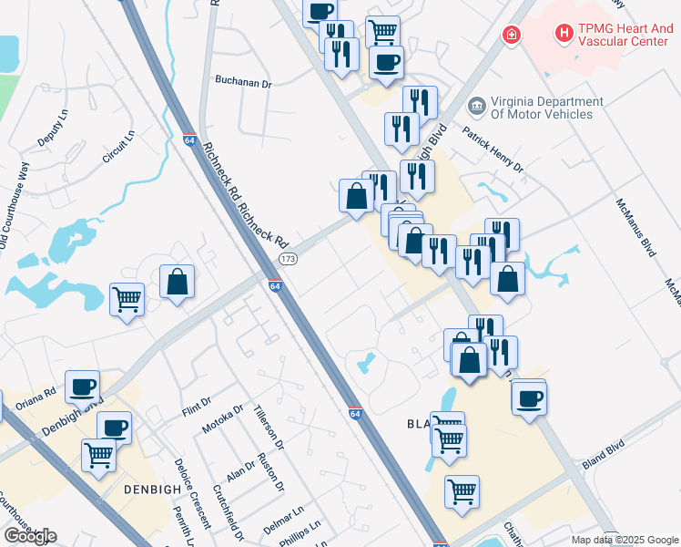 map of restaurants, bars, coffee shops, grocery stores, and more near 3 Millwood Drive in Newport News
