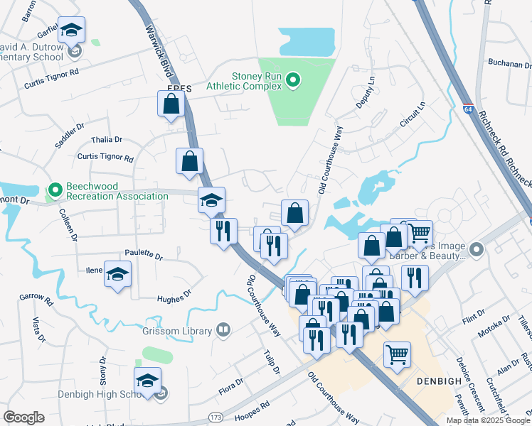 map of restaurants, bars, coffee shops, grocery stores, and more near 14794 Warwick Boulevard in Newport News
