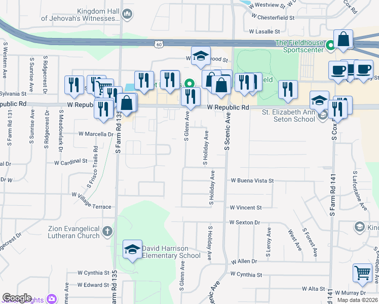 map of restaurants, bars, coffee shops, grocery stores, and more near 4334 South Glenn Avenue in Springfield