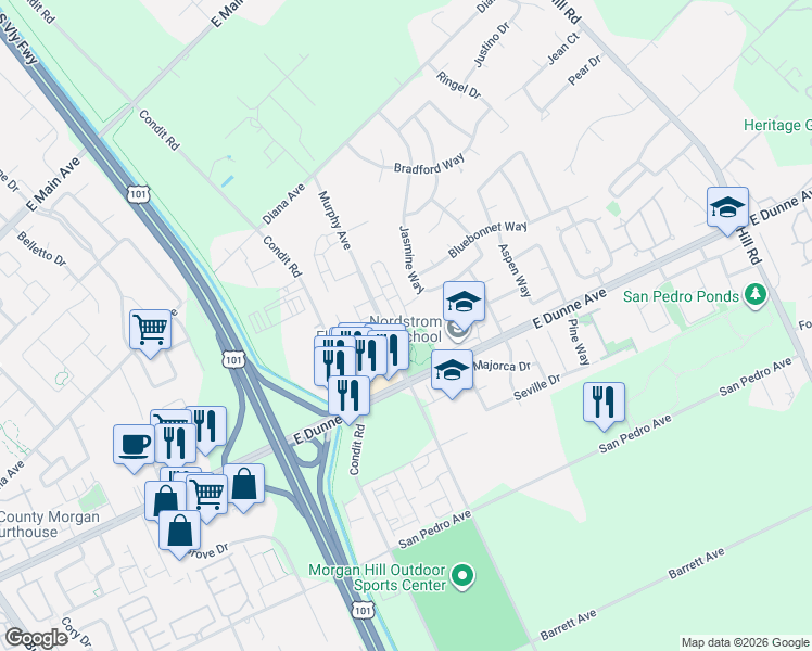 map of restaurants, bars, coffee shops, grocery stores, and more near 1295 Kelly Park Circle in Morgan Hill