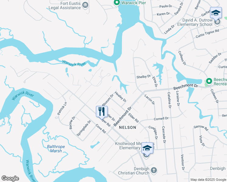 map of restaurants, bars, coffee shops, grocery stores, and more near 153 Bloxom Drive in Newport News