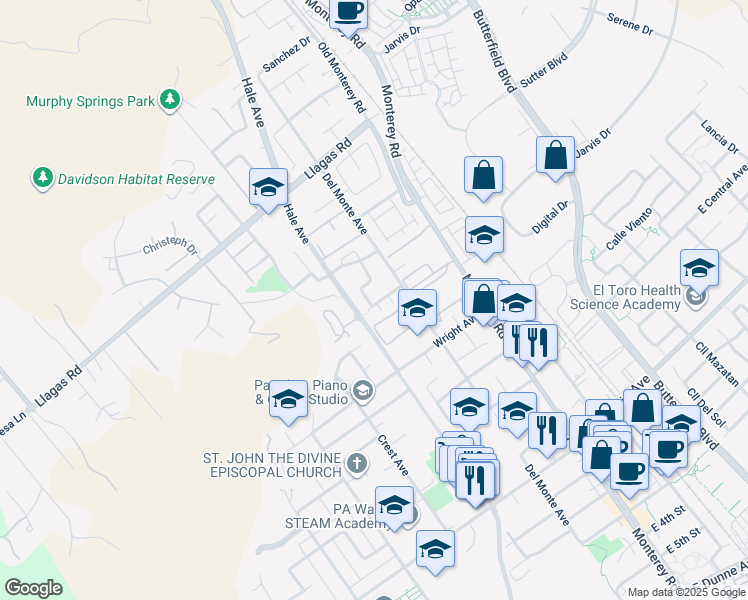 map of restaurants, bars, coffee shops, grocery stores, and more near 165 Christine Lynn Drive in Morgan Hill