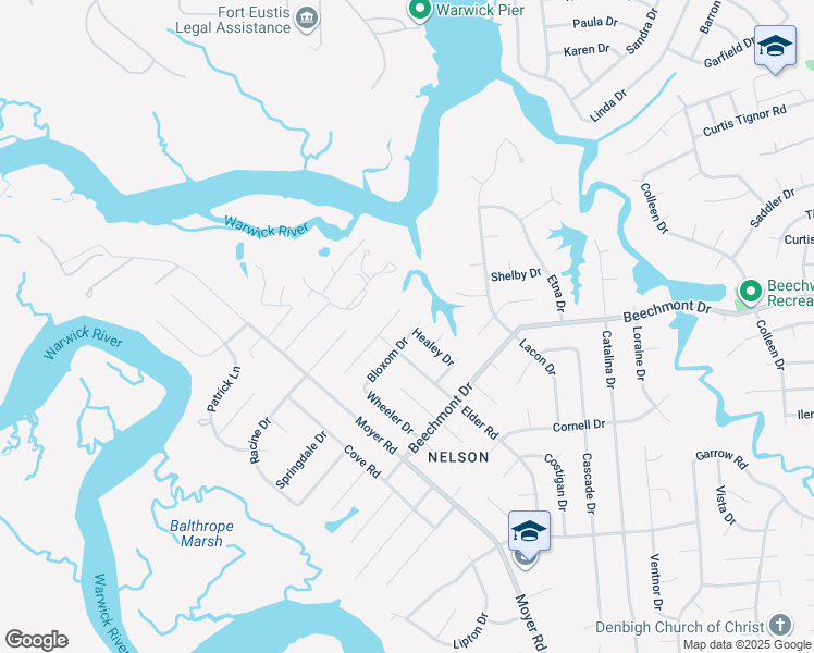 map of restaurants, bars, coffee shops, grocery stores, and more near 153 Bloxom Drive in Newport News