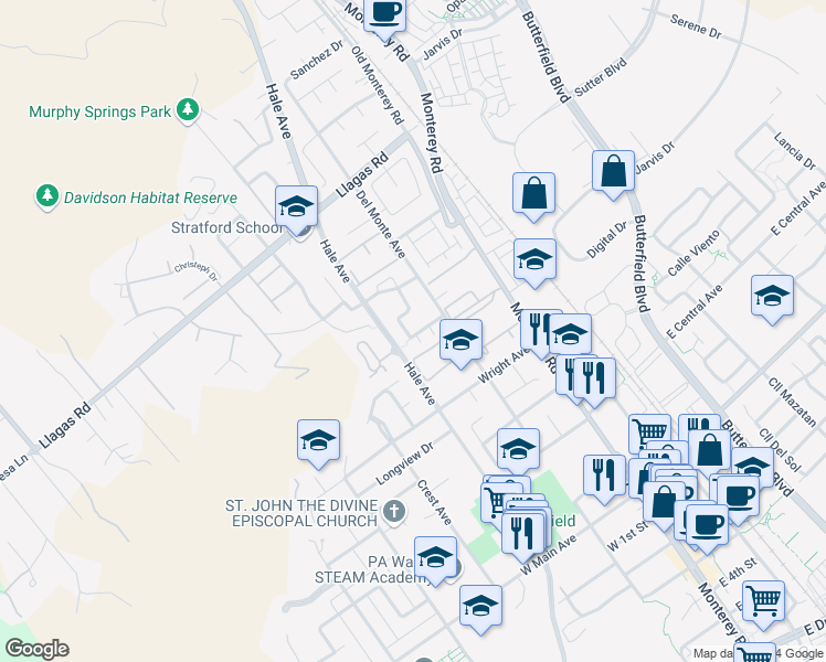 map of restaurants, bars, coffee shops, grocery stores, and more near 165 Christine Lynn Drive in Morgan Hill