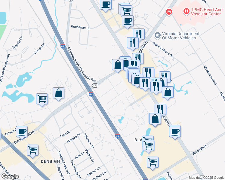 map of restaurants, bars, coffee shops, grocery stores, and more near 3 Millwood Drive in Newport News