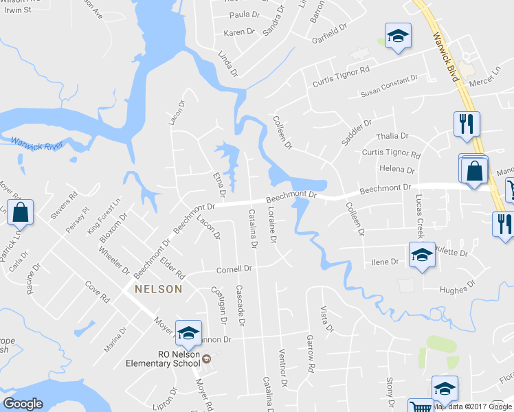 map of restaurants, bars, coffee shops, grocery stores, and more near 200 Beechmont Dr in Newport News