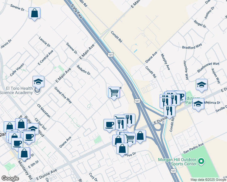 map of restaurants, bars, coffee shops, grocery stores, and more near 885 Diana Avenue in Morgan Hill