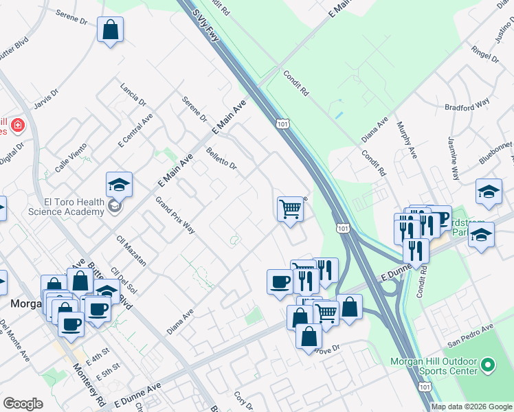 map of restaurants, bars, coffee shops, grocery stores, and more near 17426 Belletto Drive in Morgan Hill