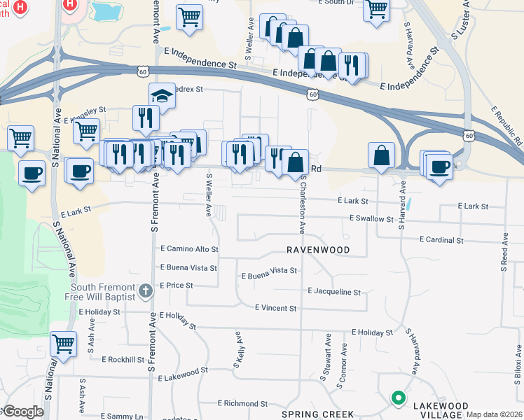 map of restaurants, bars, coffee shops, grocery stores, and more near 1659 E Swallow St in Springfield