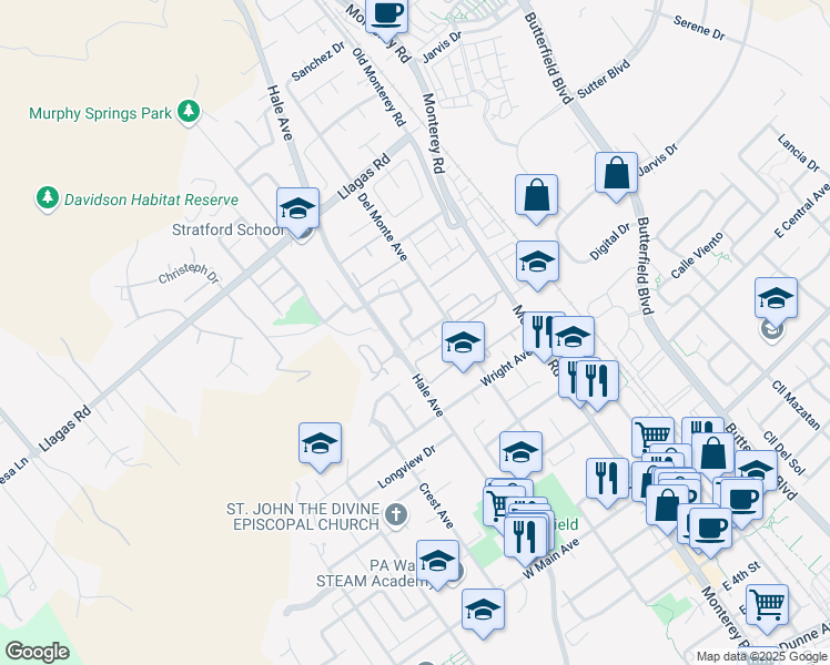 map of restaurants, bars, coffee shops, grocery stores, and more near 165 Christine Lynn Drive in Morgan Hill