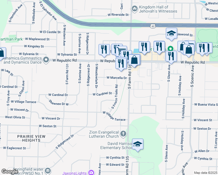 map of restaurants, bars, coffee shops, grocery stores, and more near 3216 Aaron Drive in Springfield