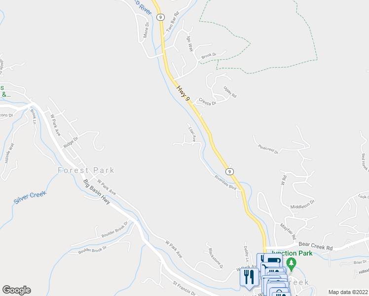 map of restaurants, bars, coffee shops, grocery stores, and more near 518 Eden Avenue in Boulder Creek