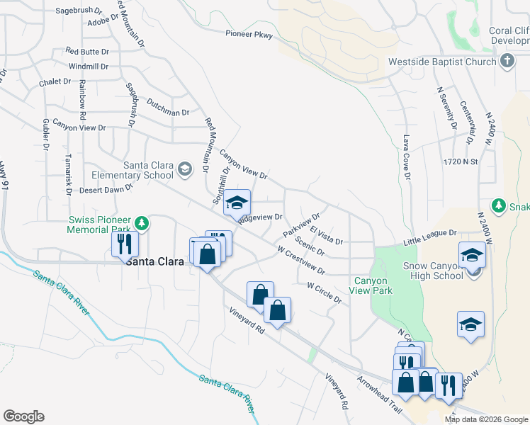 map of restaurants, bars, coffee shops, grocery stores, and more near 2710 North Hilltop Drive in Santa Clara