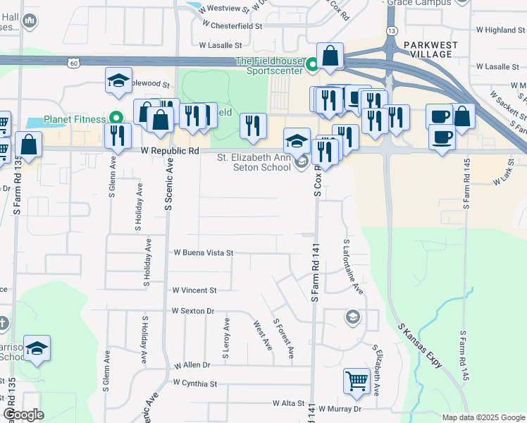 map of restaurants, bars, coffee shops, grocery stores, and more near 2445 West Cardinal Street in Springfield