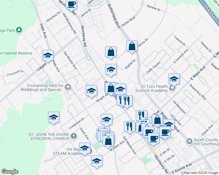 map of restaurants, bars, coffee shops, grocery stores, and more near 17925 Monterey Street in Morgan Hill