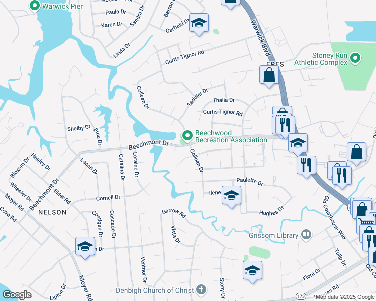 map of restaurants, bars, coffee shops, grocery stores, and more near 318 Beechmont Drive in Newport News