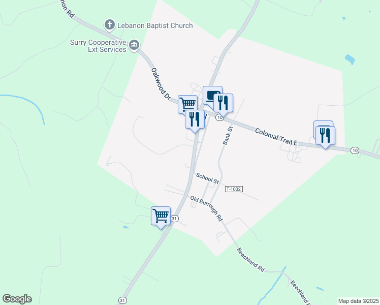 map of restaurants, bars, coffee shops, grocery stores, and more near 11793 Rolfe Hwy in Surry