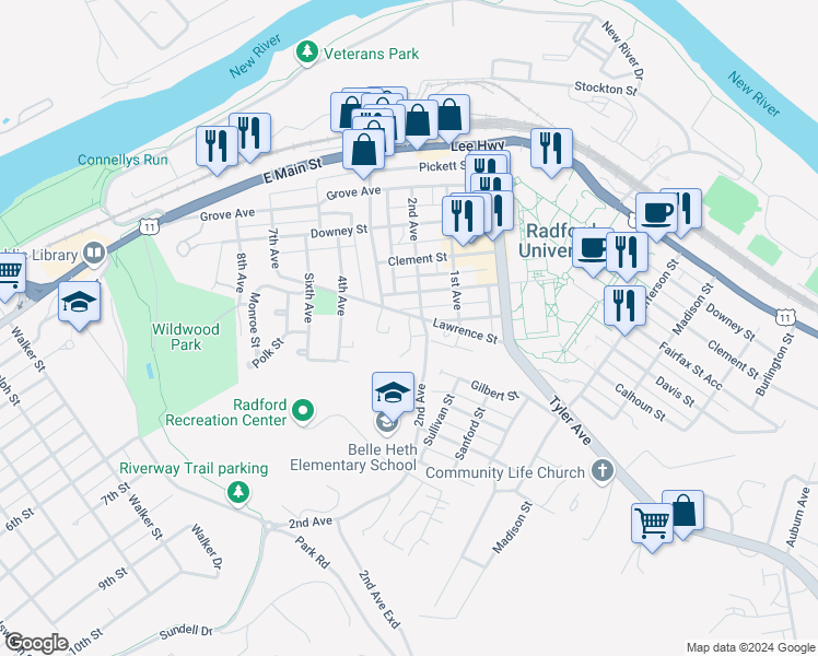 map of restaurants, bars, coffee shops, grocery stores, and more near 600 2nd Avenue in Radford