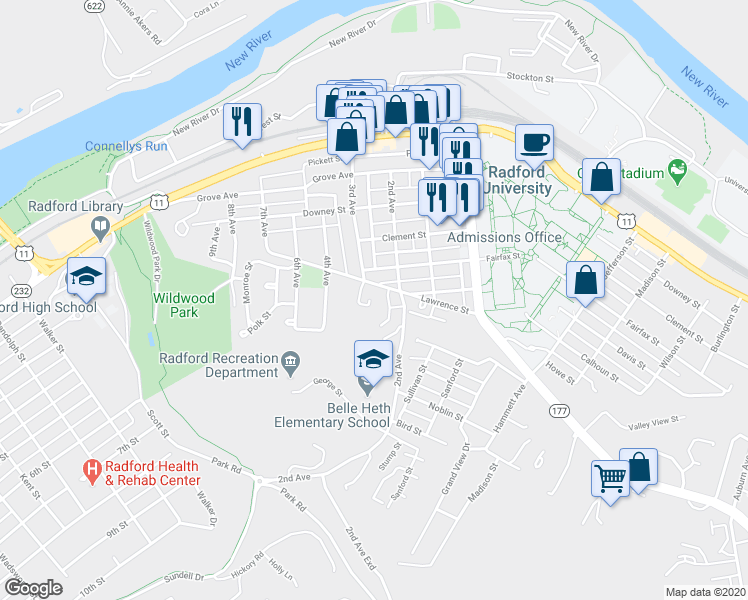 map of restaurants, bars, coffee shops, grocery stores, and more near 605 3rd Avenue in Radford