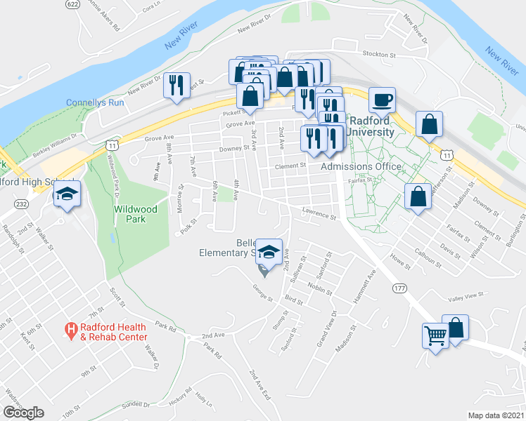 map of restaurants, bars, coffee shops, grocery stores, and more near 605 3rd Avenue in Radford
