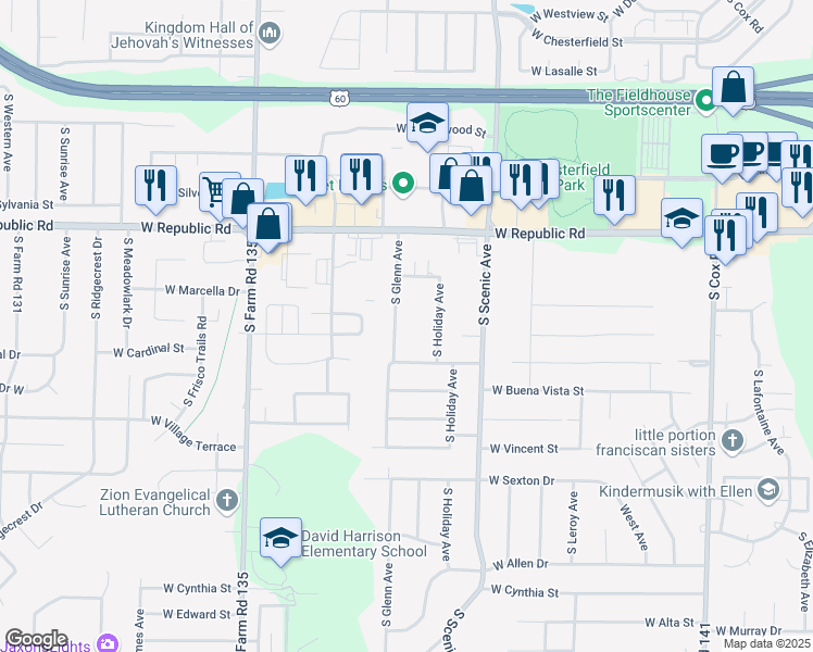 map of restaurants, bars, coffee shops, grocery stores, and more near 4334 South Glenn Avenue in Springfield
