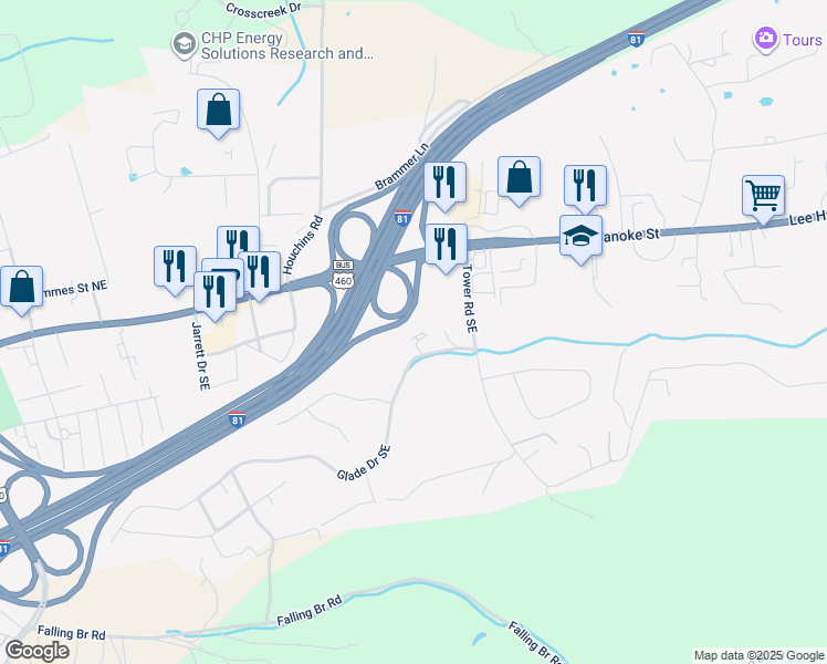 map of restaurants, bars, coffee shops, grocery stores, and more near 2586 Townhouse Street in Christiansburg