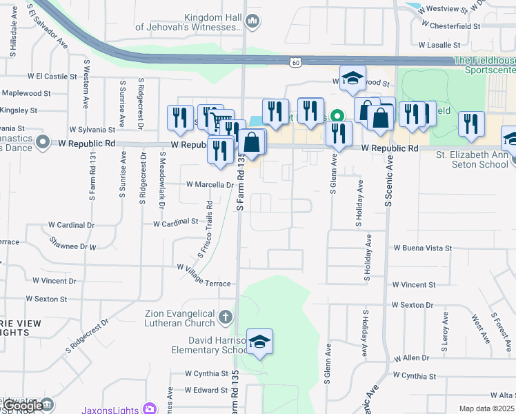 map of restaurants, bars, coffee shops, grocery stores, and more near 4326 South Farm Road 135 in Springfield