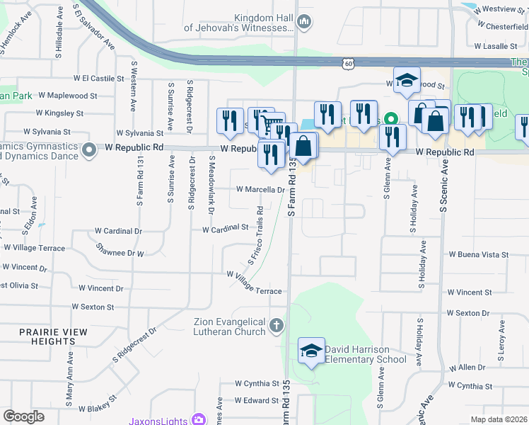 map of restaurants, bars, coffee shops, grocery stores, and more near 3228 Aussie Court in Springfield