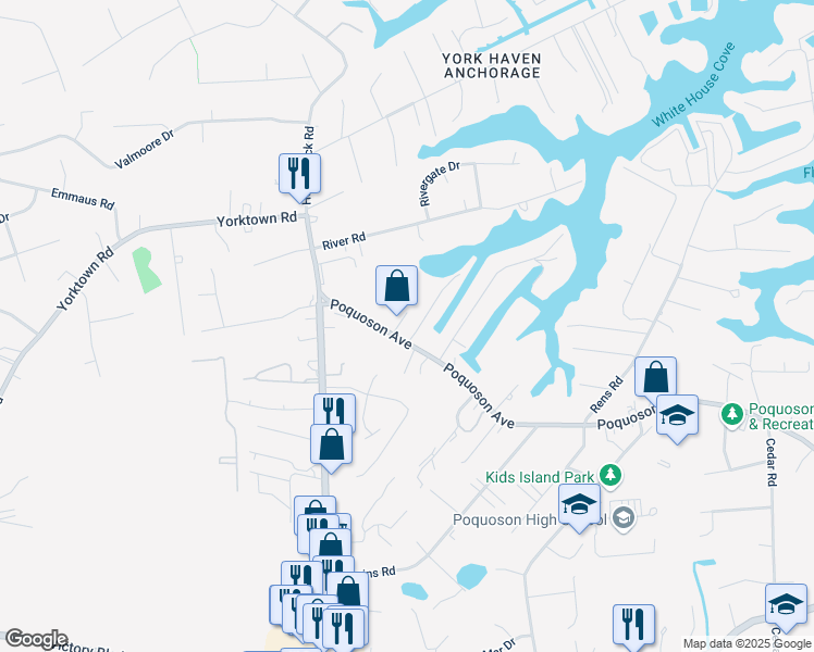 map of restaurants, bars, coffee shops, grocery stores, and more near 661 Poquoson Avenue in Poquoson