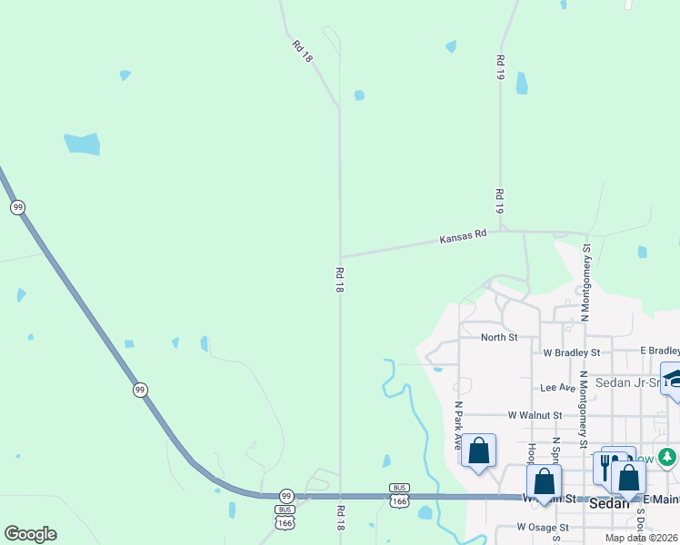 map of restaurants, bars, coffee shops, grocery stores, and more near Road 18 in Sedan