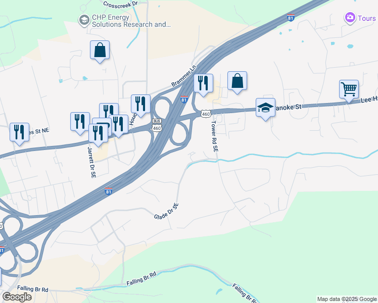 map of restaurants, bars, coffee shops, grocery stores, and more near 2586 Townhouse Street in Christiansburg
