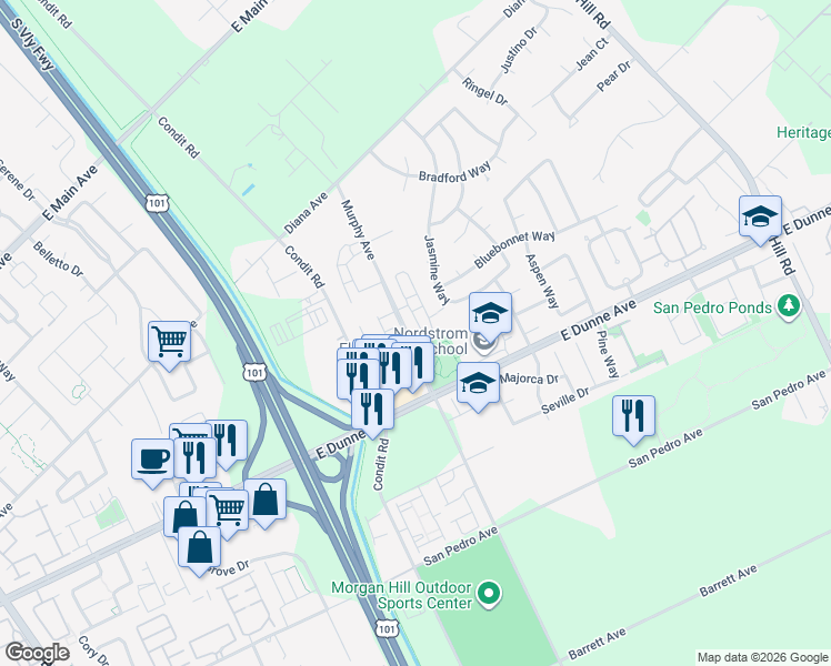 map of restaurants, bars, coffee shops, grocery stores, and more near 1255 Kelly Park Circle in Morgan Hill