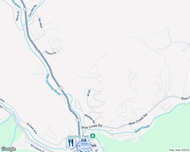 map of restaurants, bars, coffee shops, grocery stores, and more near 141 Hummingbird Lane in Boulder Creek