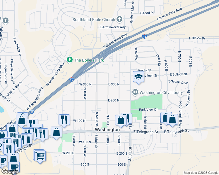 map of restaurants, bars, coffee shops, grocery stores, and more near 284 N 100 E in Washington