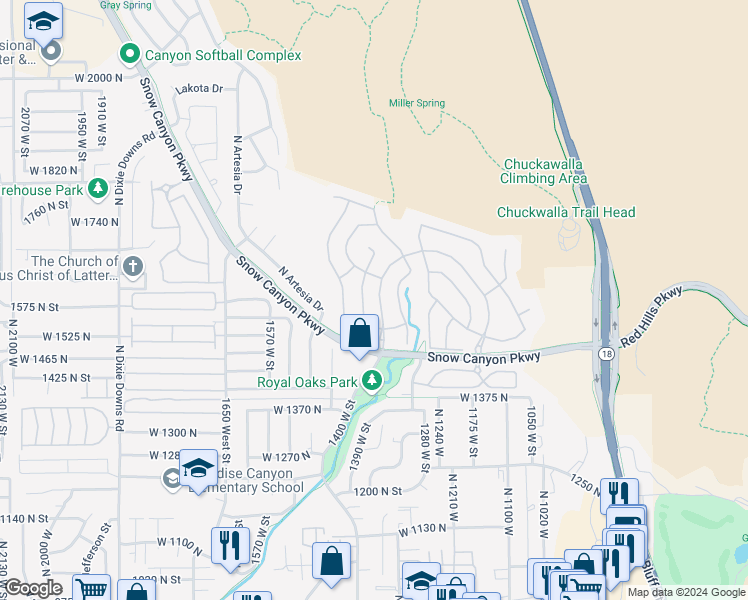 map of restaurants, bars, coffee shops, grocery stores, and more near 1609 N Great Basin Dr in St George