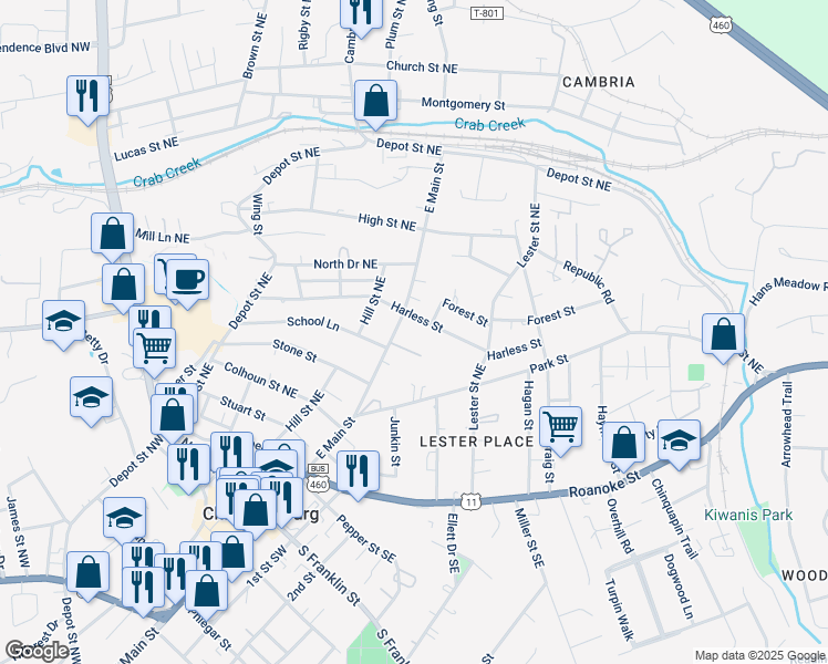 map of restaurants, bars, coffee shops, grocery stores, and more near 511 East Main Street in Christiansburg