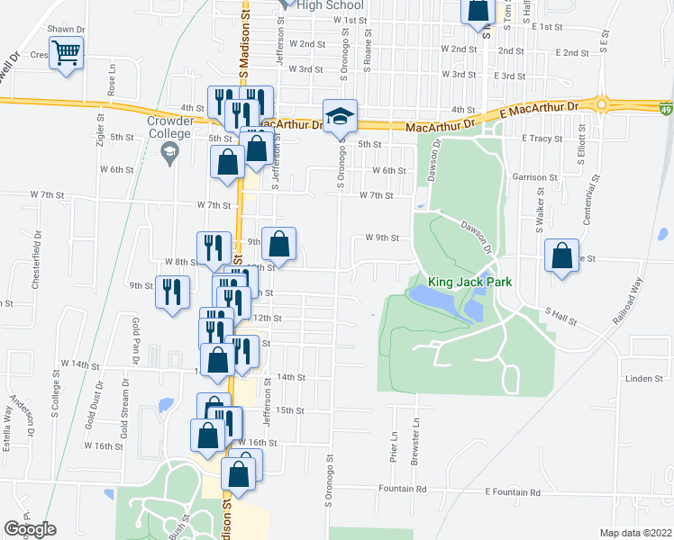 map of restaurants, bars, coffee shops, grocery stores, and more near 700 10th Street in Webb City