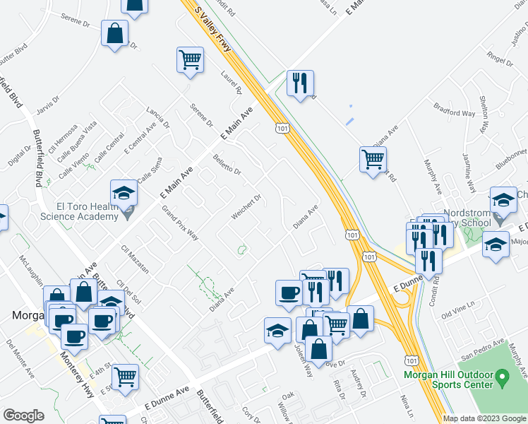 map of restaurants, bars, coffee shops, grocery stores, and more near 17426 Belletto Drive in Morgan Hill