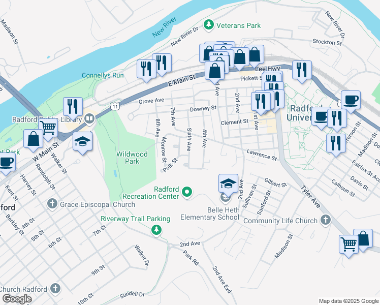 map of restaurants, bars, coffee shops, grocery stores, and more near 503 6th Avenue in Radford