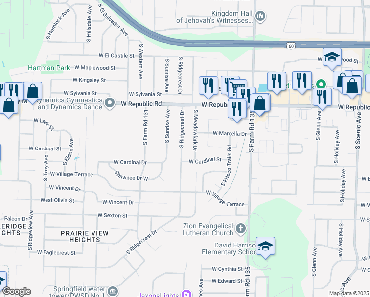 map of restaurants, bars, coffee shops, grocery stores, and more near 4334 South Ridgecrest Drive in Springfield
