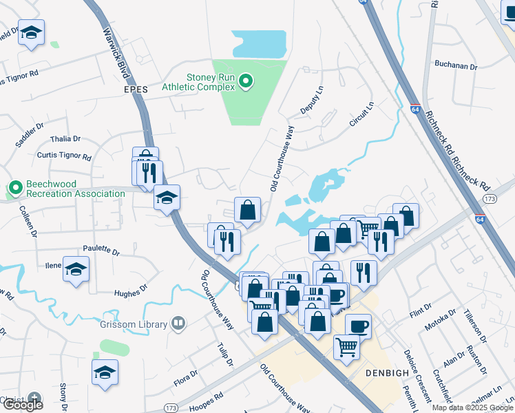 map of restaurants, bars, coffee shops, grocery stores, and more near 14551 Old Courthouse Way in Newport News