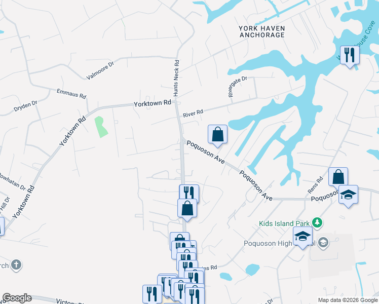 map of restaurants, bars, coffee shops, grocery stores, and more near 644 Poquoson Avenue in Poquoson
