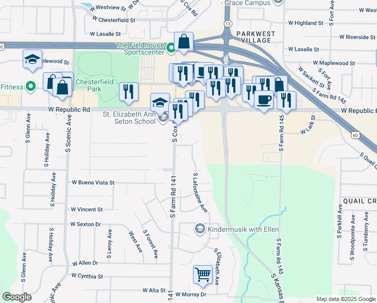 map of restaurants, bars, coffee shops, grocery stores, and more near 4335 South Lafontaine Avenue in Springfield