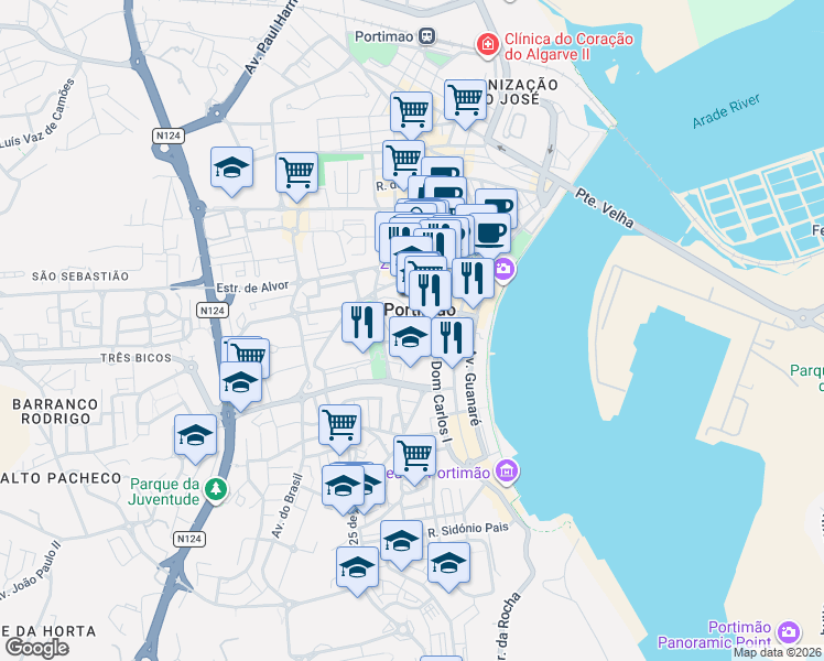 map of restaurants, bars, coffee shops, grocery stores, and more near in Portimão