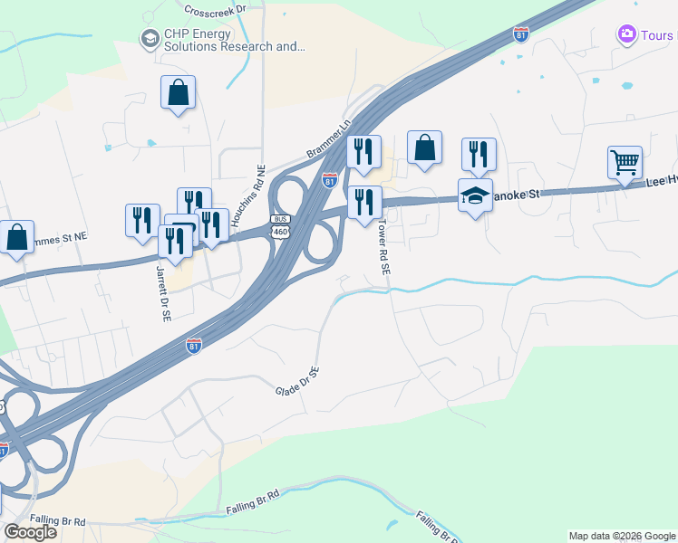 map of restaurants, bars, coffee shops, grocery stores, and more near 2588 Townhouse Street in Christiansburg