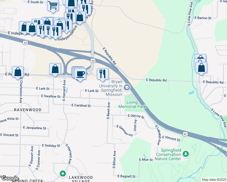 map of restaurants, bars, coffee shops, grocery stores, and more near 4304 South Reed Avenue in Springfield