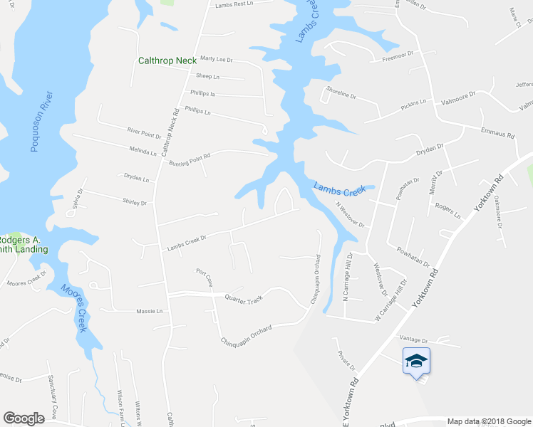 map of restaurants, bars, coffee shops, grocery stores, and more near 400 Lambs Creek Dr in Yorktown